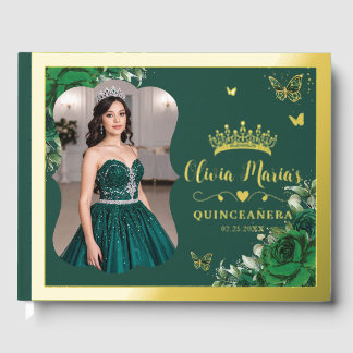 Emerald Green Floral Quinceanera 15 Sweet 16 Photo Guest Book