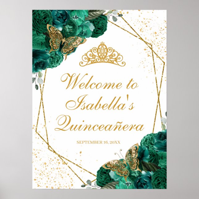 Emerald Green Floral Quinceanera Affiche de bienve (Devant)