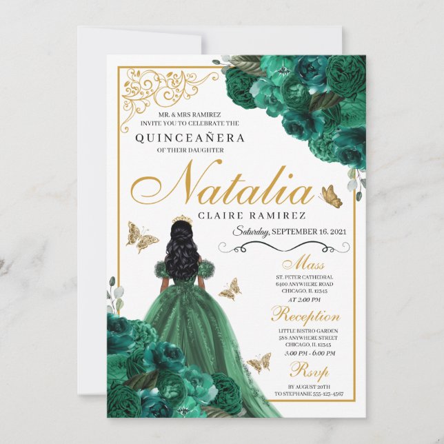 Emerald Green Floral Quinceanera Birthday Invitation (Front)