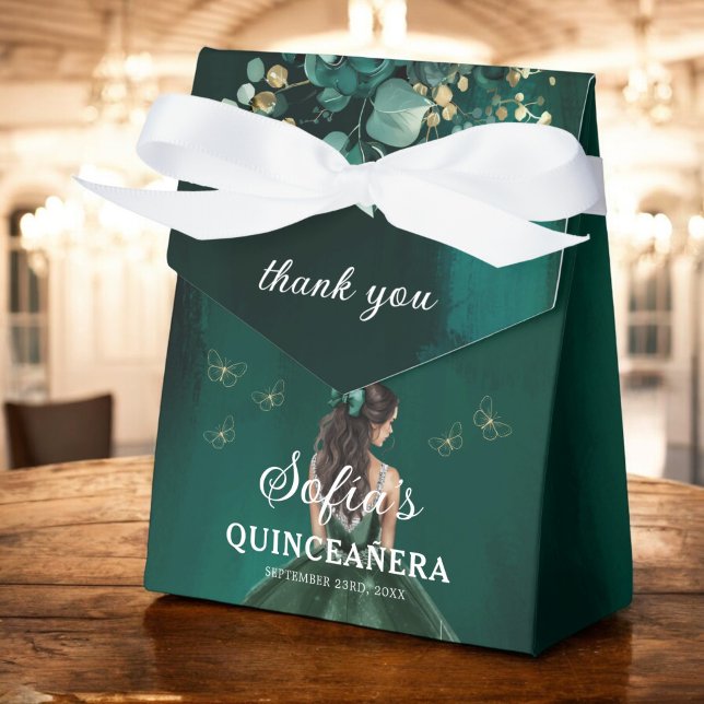 Emerald Green Floral Quinceañera Butterflies Favor Box (Creator Uploaded)