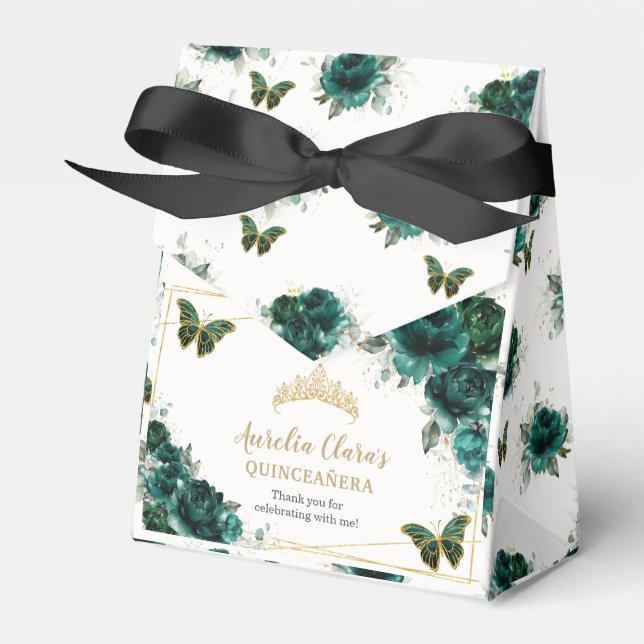 Emerald Green Floral Quinceañera Crown Butterflies Favor Box (Front Side)