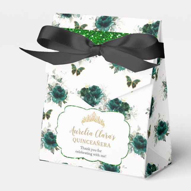 Emerald Green Floral Quinceañera Crown Butterflies Favor Box (Front Side)