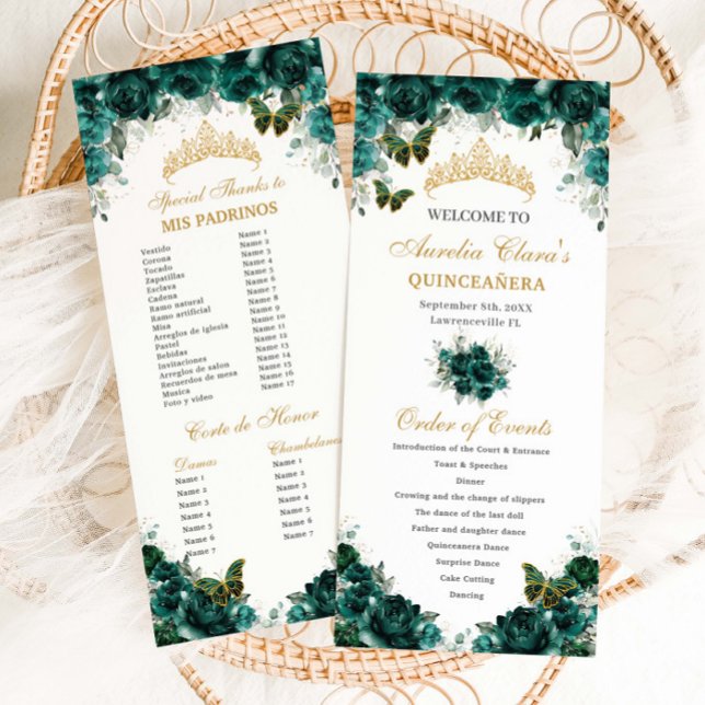 Emerald Green Floral Quinceañera Order of Events Program (Creator Uploaded)
