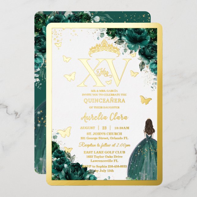 Emerald Green Floral Quinceañera Quince 15 XV Gold (Front/Back)