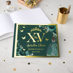 Emerald Green Floral Quinceañera Quince 15 XV Gold Guest Book