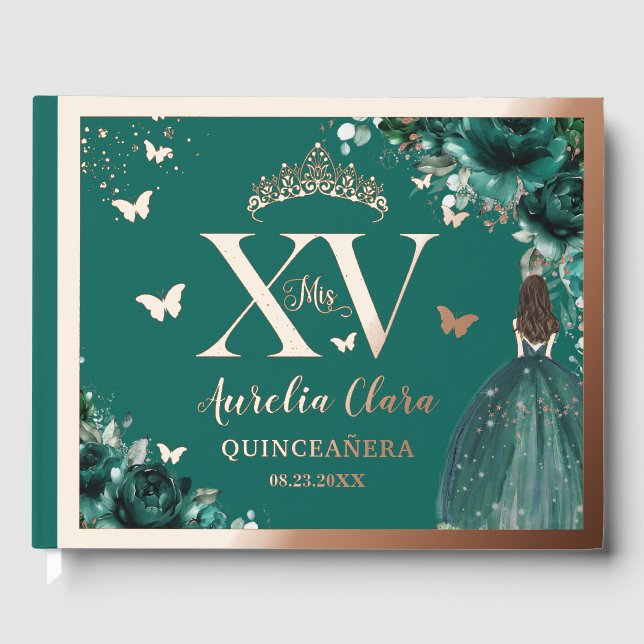Emerald Green Floral Quinceañera Quince Rose Gold  Guest Book (Front)