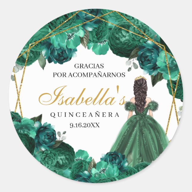 Emerald Green Floral Quinceanera Round Stickers (Front)