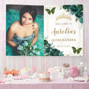 Emerald Green Floral Quinceañera Welcome Backdrop Banner