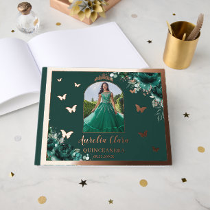 Emerald Green Floral Rose Gold Quinceañera Photo Guest Book