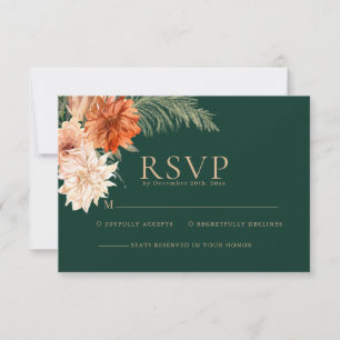 Emerald green floral rustic fall Wedding RSVP Card