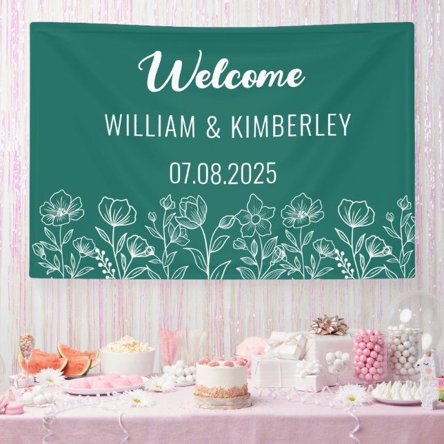 Emerald Green Floral Rustic Simple Modern Wedding Banner (Party)