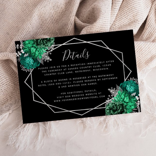 Emerald Green Floral Silver Black Wedding Details Enclosure Card (Creator Uploaded)