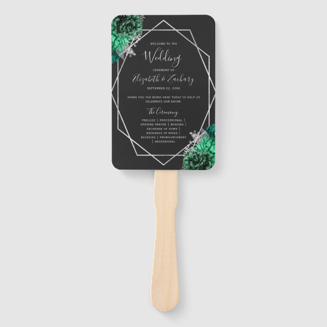 Emerald Green Floral Silver Black Wedding Program Hand Fan (Front)