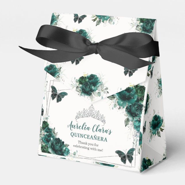 Emerald Green Floral Silver Quinceañera Butterfly Favor Box (Front Side)