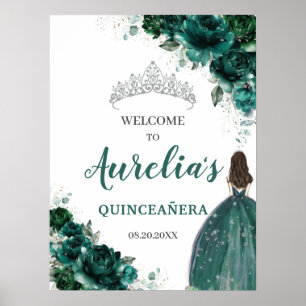 Emerald Green Floral Silver Quinceañera Welcome  Poster