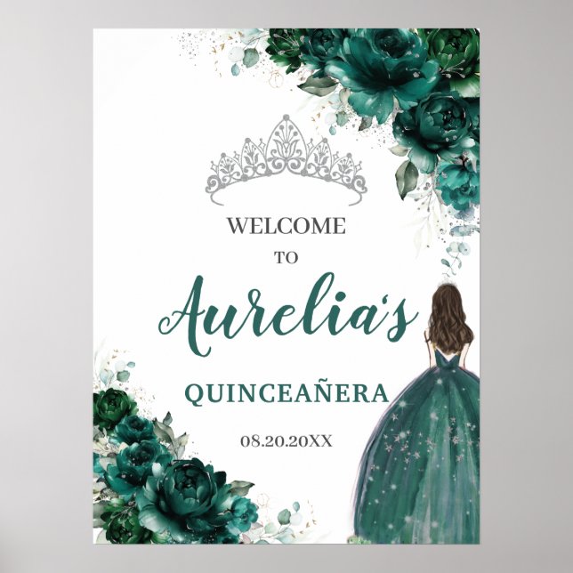 Emerald Green Floral Silver Quinceañera Welcome  Poster (Front)