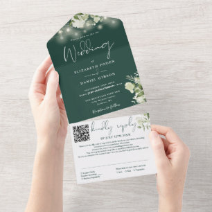 Emerald Green Floral String Lights QR Code Wedding All In One Invitation