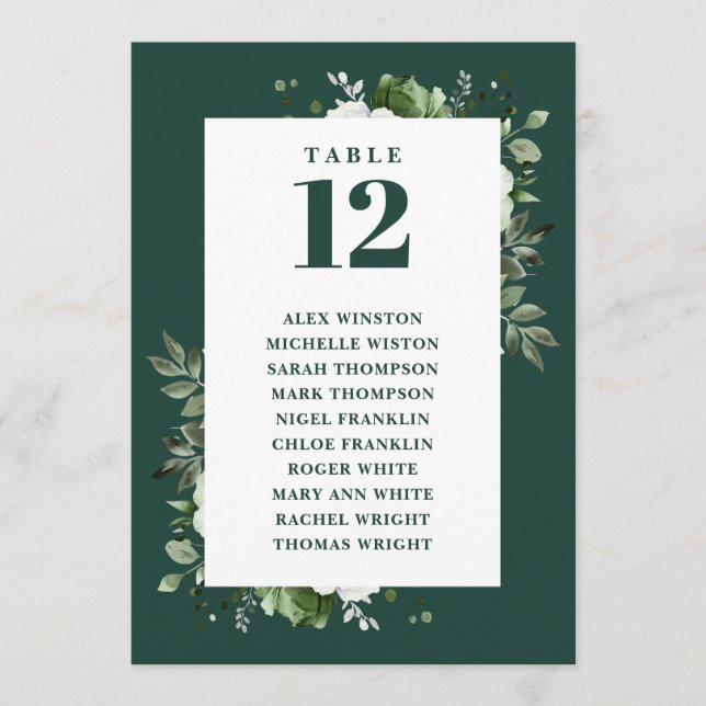 Emerald Green Floral Table Number Seating Chart (Front)
