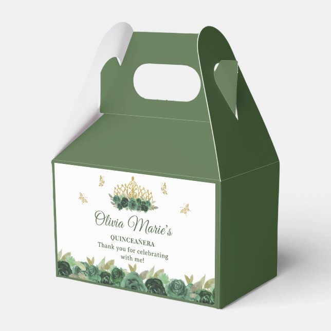 Emerald Green Floral Tiara Butterfly Quinceanera  Favor Box (Front Side)