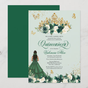 Emerald Green Floral Tiara + Butterfly Quinceanera Invitation