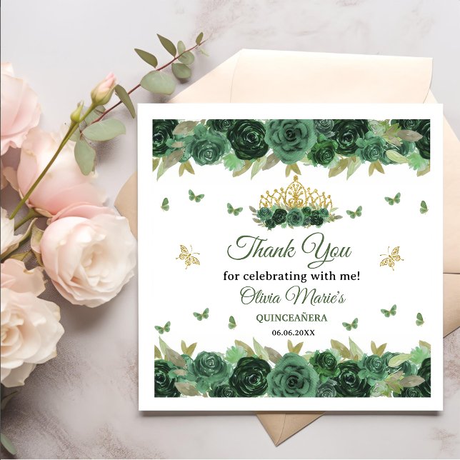 Emerald Green Floral Tiara + Butterfly Quinceanera Napkin (Creator Uploaded)