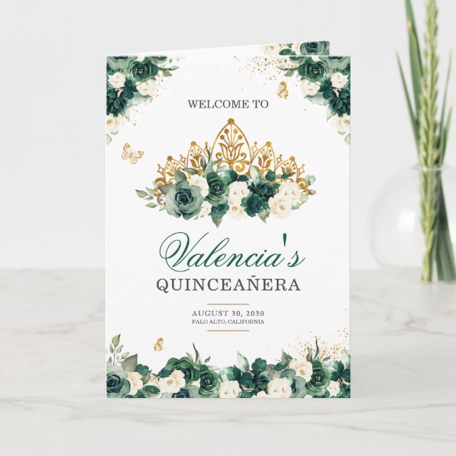 Emerald Green Floral Tiara Butterfly Quinceanera Program (Front)
