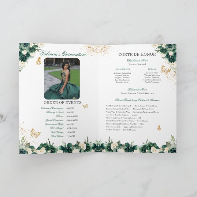 Emerald Green Floral Tiara Butterfly Quinceanera Program (Inside)