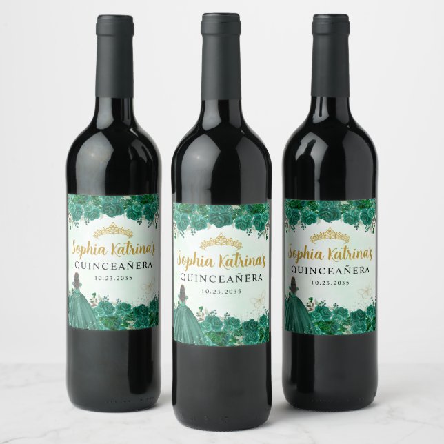 Emerald Green Floral Tiara Quinceanera Birthday Wine Label (Bottles)