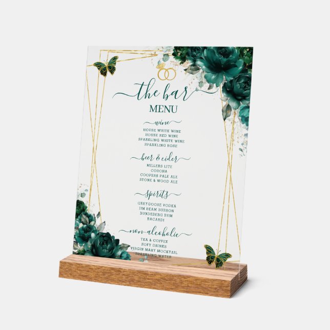 Emerald Green Floral Wedding Bar Cocktail Menu (Angle)