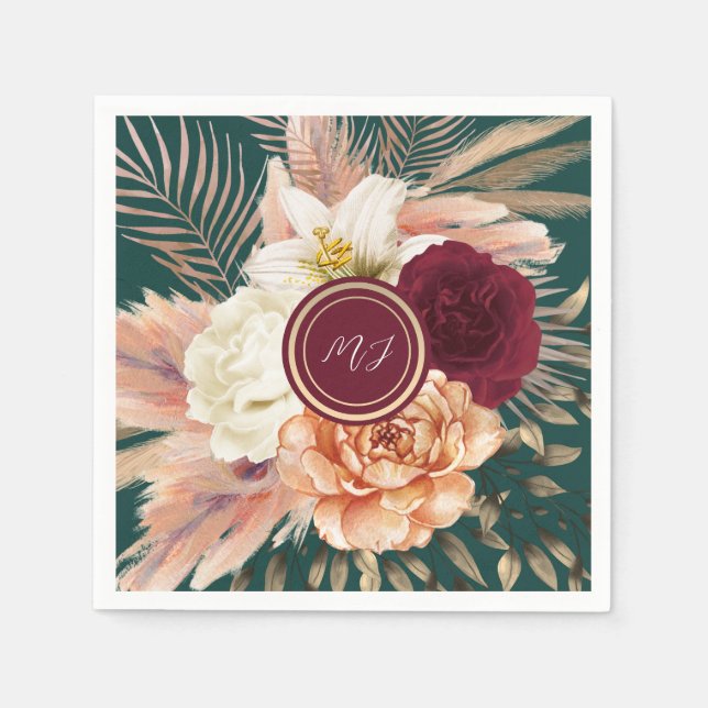 Emerald Green Floral Wedding Napkin (Front)