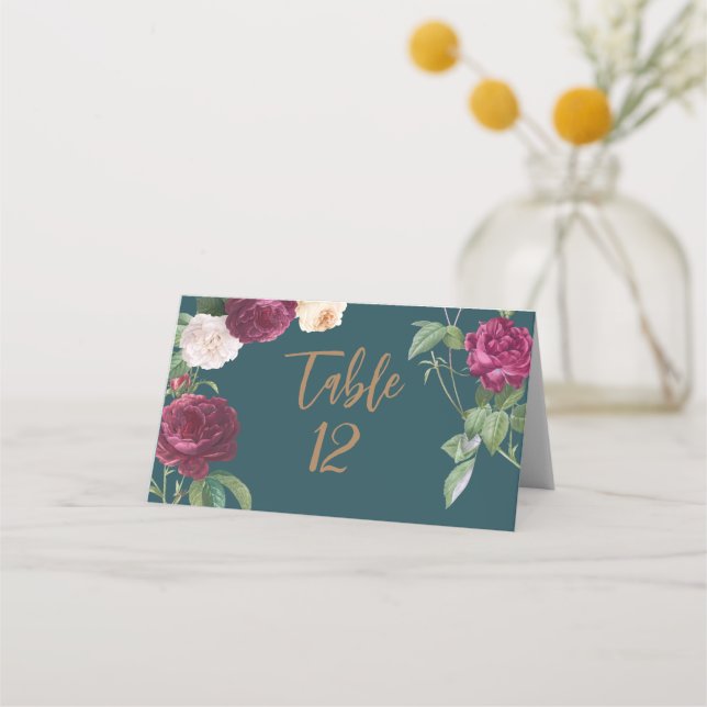 Emerald Green Floral Wedding  Place Card (Front)