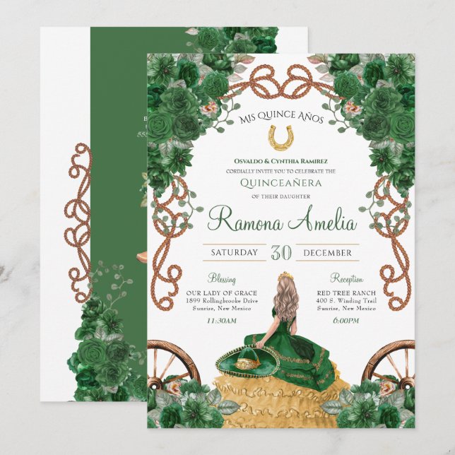 Emerald Green Floral Western Charra Quinceañera  Invitation (Front/Back)