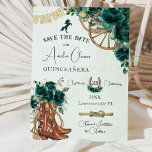 Emerald Green Floral Wild West Charro Quinceañera  Save The Date<br><div class="desc">This chic Quinceañera save the date features watercolor emerald green floral, floral adorned cowboy boots, a horseshoe and western themed elements. Personalize it with your details easily and quickly, simply press the Edit Using Design Tools button to further re-arrange and format the style and placement of the text. (c) The...</div>
