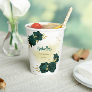 emerald green flowers and gold leaves paper cups