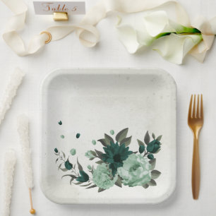 emerald green flowers botanical paper plate