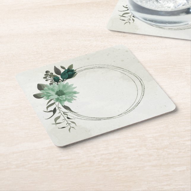 emerald green flowers botanical square paper coaster (Angled)
