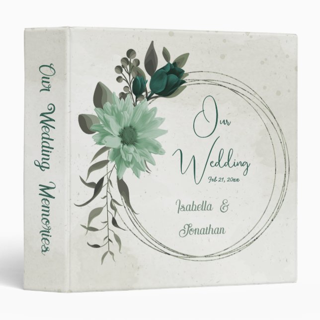 emerald green flowers botanical wedding album binder (Front/Spine)