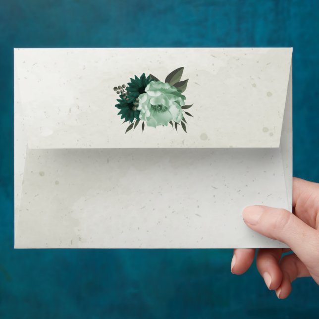 emerald green flowers botanical wedding  envelope (Hand)