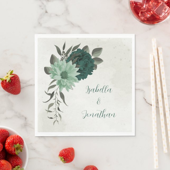 emerald green flowers botanical wedding napkin (Insitu)