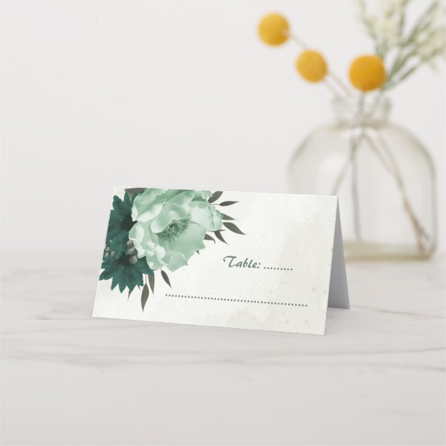 emerald green flowers botanical wedding  place card (Front)