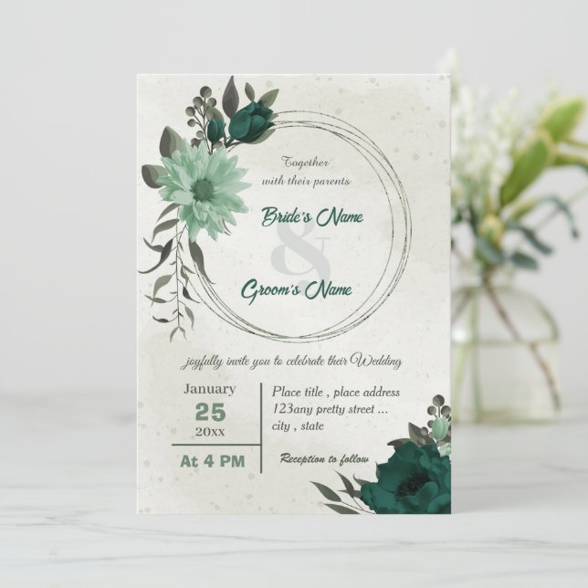 emerald green flowers botanical wreath wedding  invitation (Standing Front)