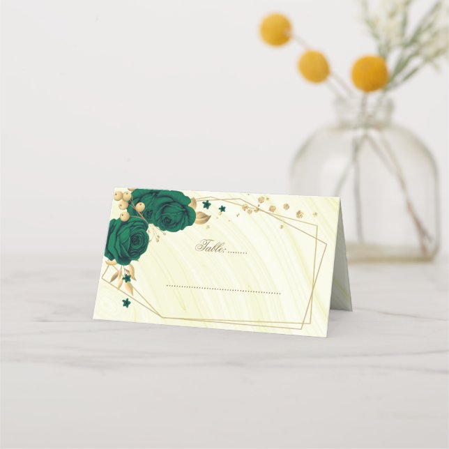 emerald green flowers gold geometric marble place card (Front)