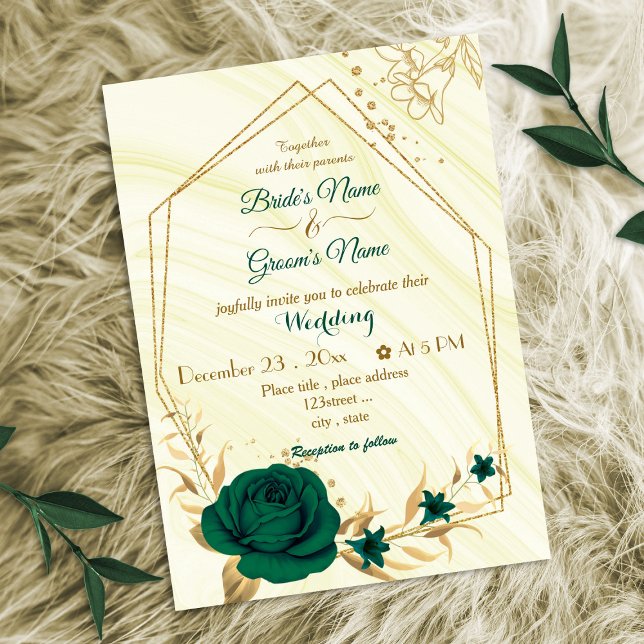 emerald green flowers gold geometric wedding invitation (Creator Uploaded)