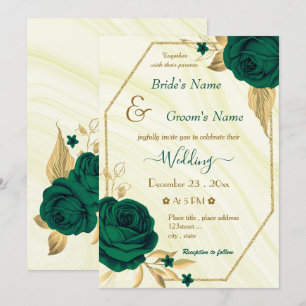 emerald green flowers gold geometric wedding invitation