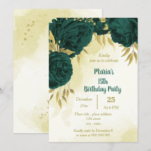 Emerald green flowers gold leaves birthday  invitation