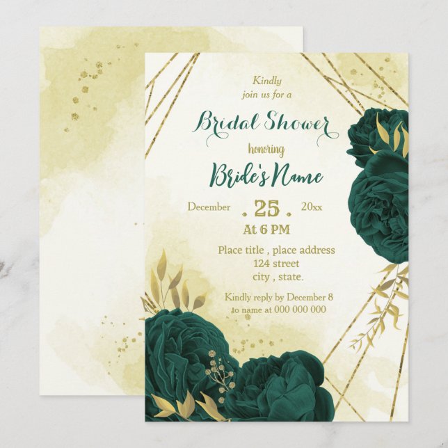 Emerald green flowers gold leaves bridal shower invitation (Front/Back)
