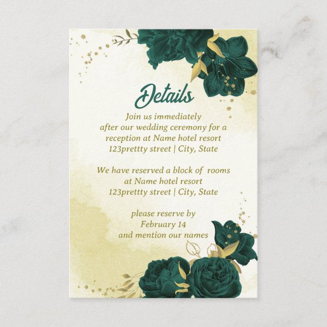 Emerald green flowers gold leaves enclosure card (Front)