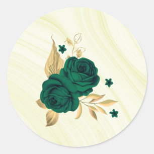 emerald green flowers gold leaves marble classic round sticker