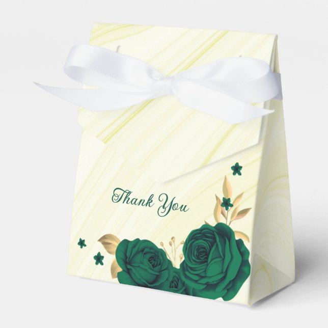emerald green flowers gold leaves marble favor box (Front Side)