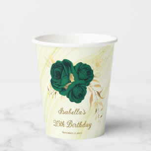 emerald green flowers gold leaves marble paper cups